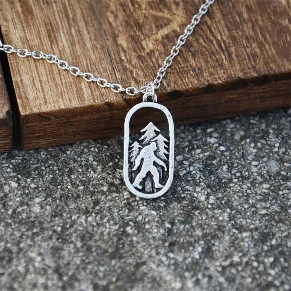 

Bigfoot And Pine Tree Small Charm Pendant Necklace For Camping Lover Jewelry