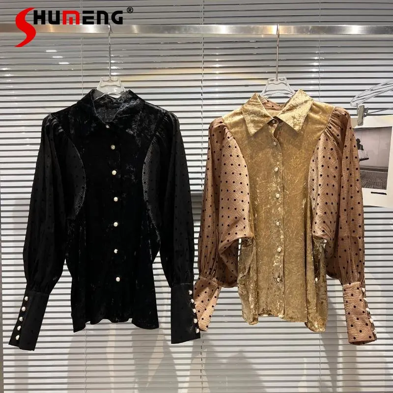 

Женская блузка с рукавом летучая мышь, Элегантная блузка в классическом стиле с жемчужной пряжкой, простой бархатный топ в горошек, осень 2022