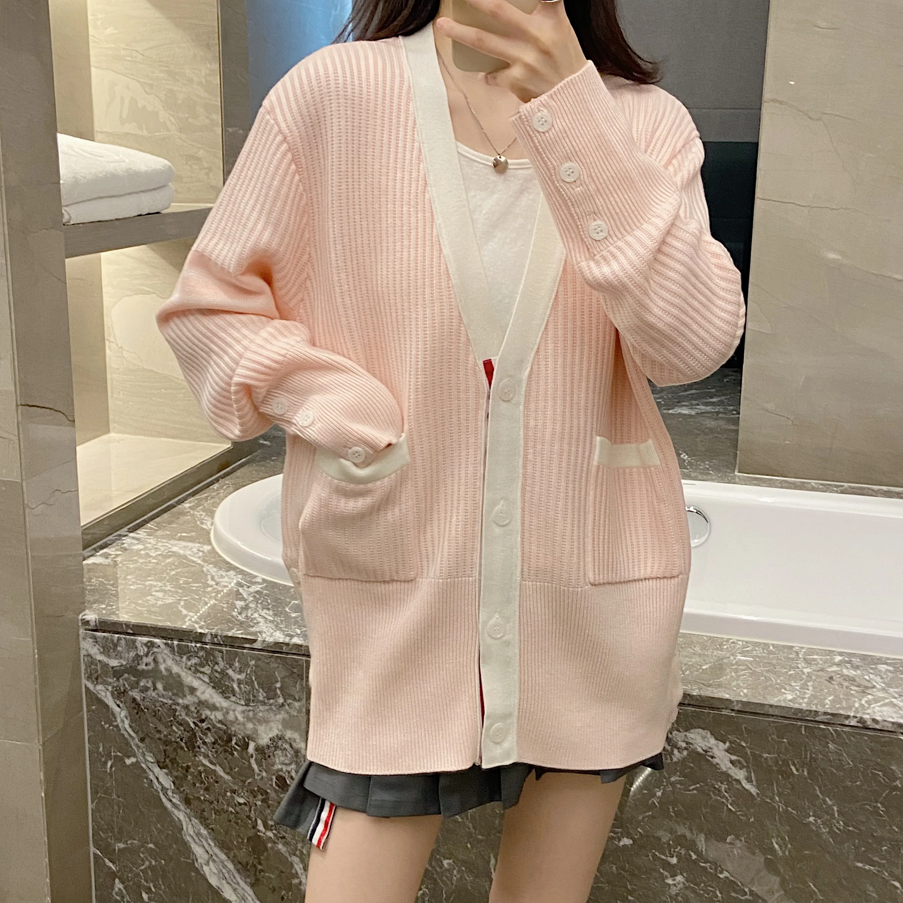 TB High-end Classic School Style Pink Wool Vertical Stripes Four Bars Loose Pocket Knitted Sweater Jacket