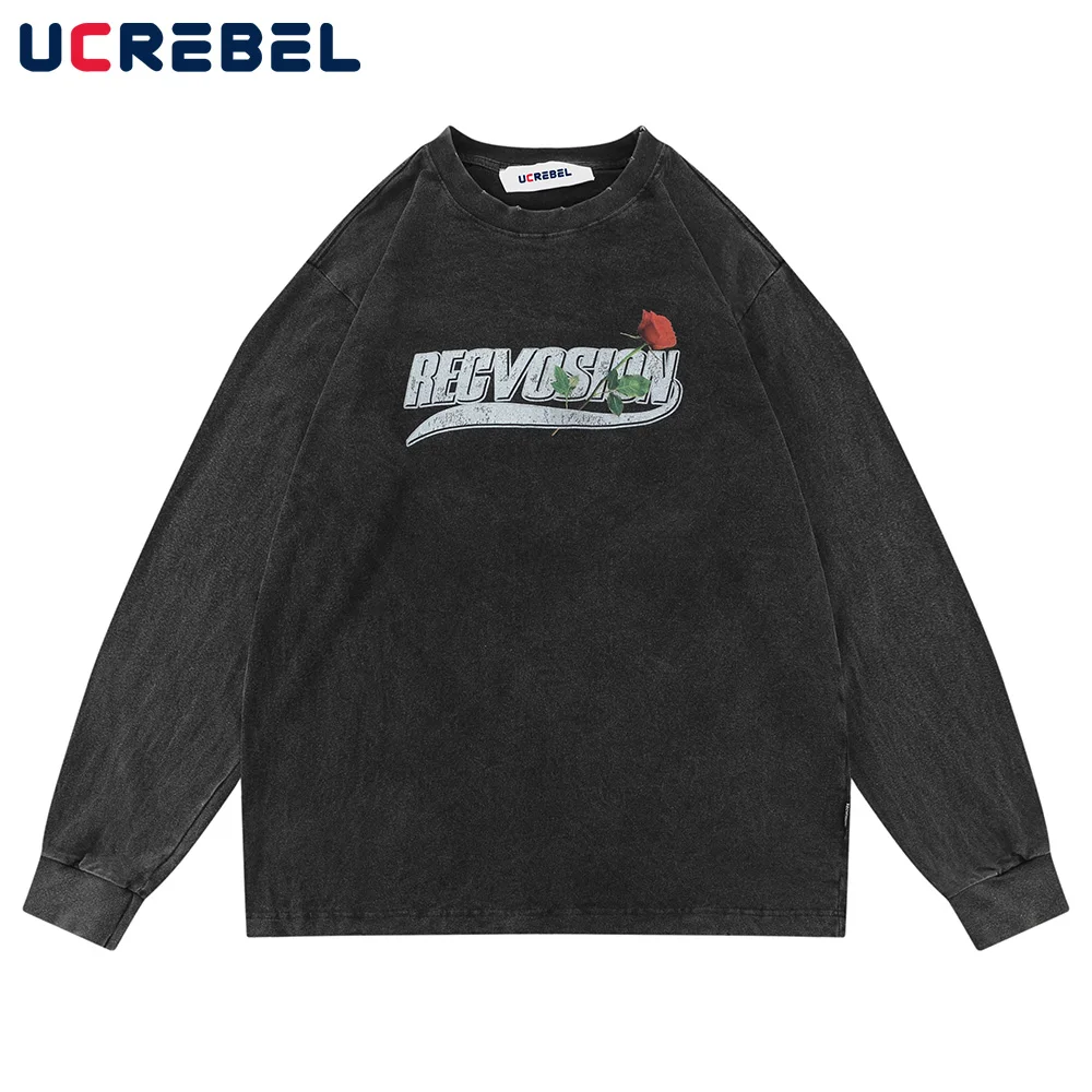

Letter Print Long Sleeve T-shirt Mens Streetwear Rose Loose Dome Top Autumn Harajuku Casual Washed Distressed Cotton Tee Men