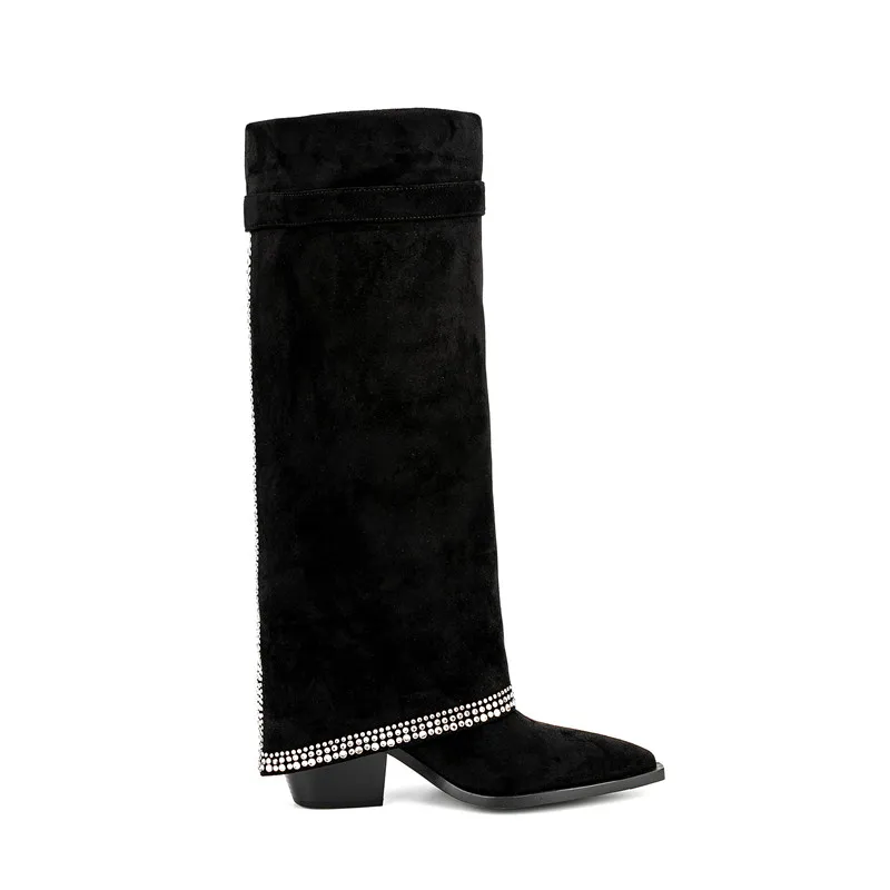 Women's New Pointy Fleece Sleeve Boots Fashion Lock Buckle Thick High Heel Medium Boots Autumn and Winter Large Knee Boots