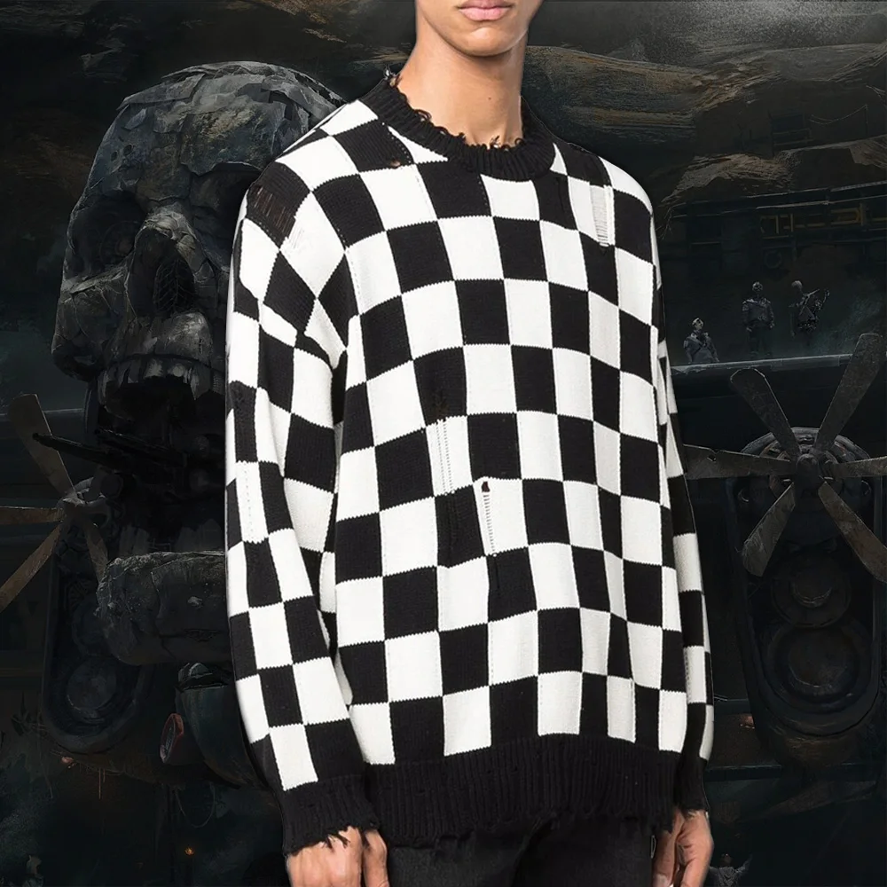 

NIGO Checkered Jacquard Round Neck Knit Sweater Black White Checkered Pullover Sweater Loose Men's Women's Fashion #nigo6536