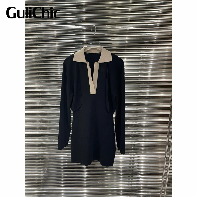

9.7 GuliChic Women Temperament Elegant Contrast Color Fake Two Piece Hollow Out Off Shoulder Slim Knitted Dress