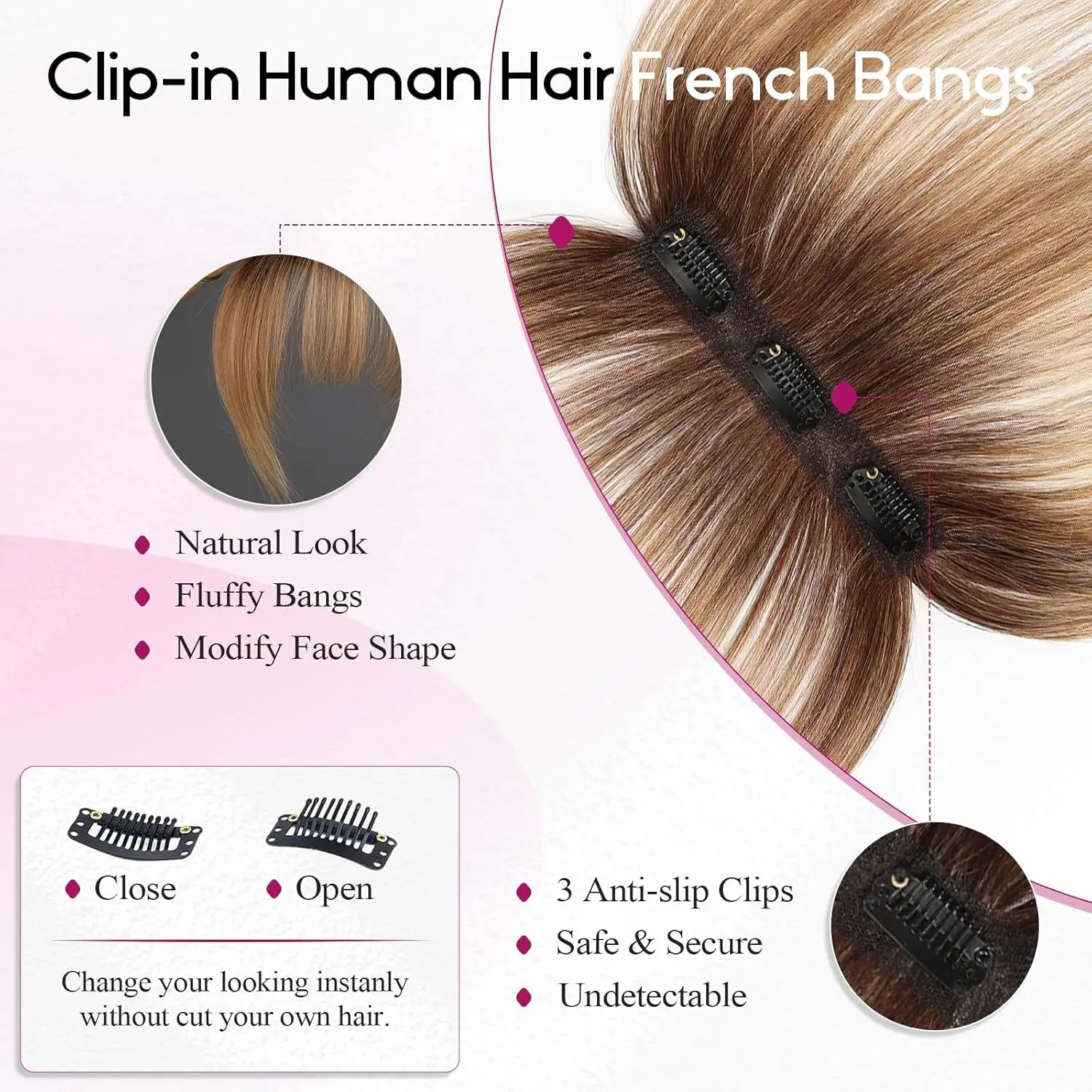Фото Ombre Brown to Blonde Clip in Bangs 100% настоящая челка из человеческих волос Wispy Bangs Hair Pieces 3 Secure Clips in Full Fringe Fake Bangs №2