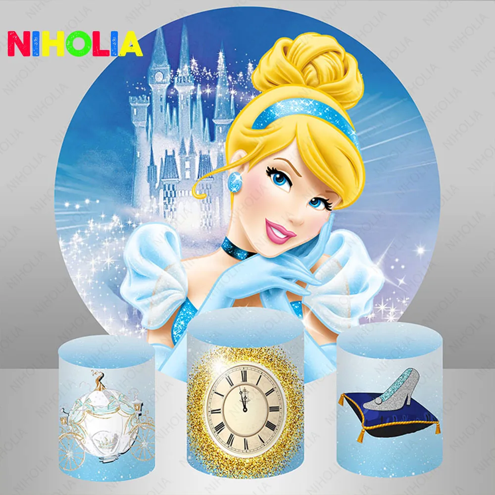 

Disney Cinderella Round Photography Backdrop Girls Birthday Photo Background Blue Background Glass Slipper Photo Booth Props
