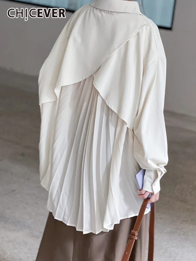 

CHICEVER Patchwork Fold Pleated Blouses For Women Lapel Long Sleeve Straight Loose Casual Shirts Female 2022 Spring Fashion New