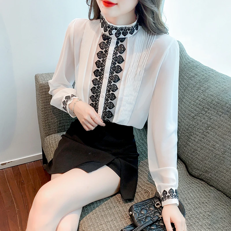 

Vintage Single-breasted Chiffon blouse Autumn Spring New Elegant Embroidered Tops Stand Collar Lantern Sleeve Women Shirt