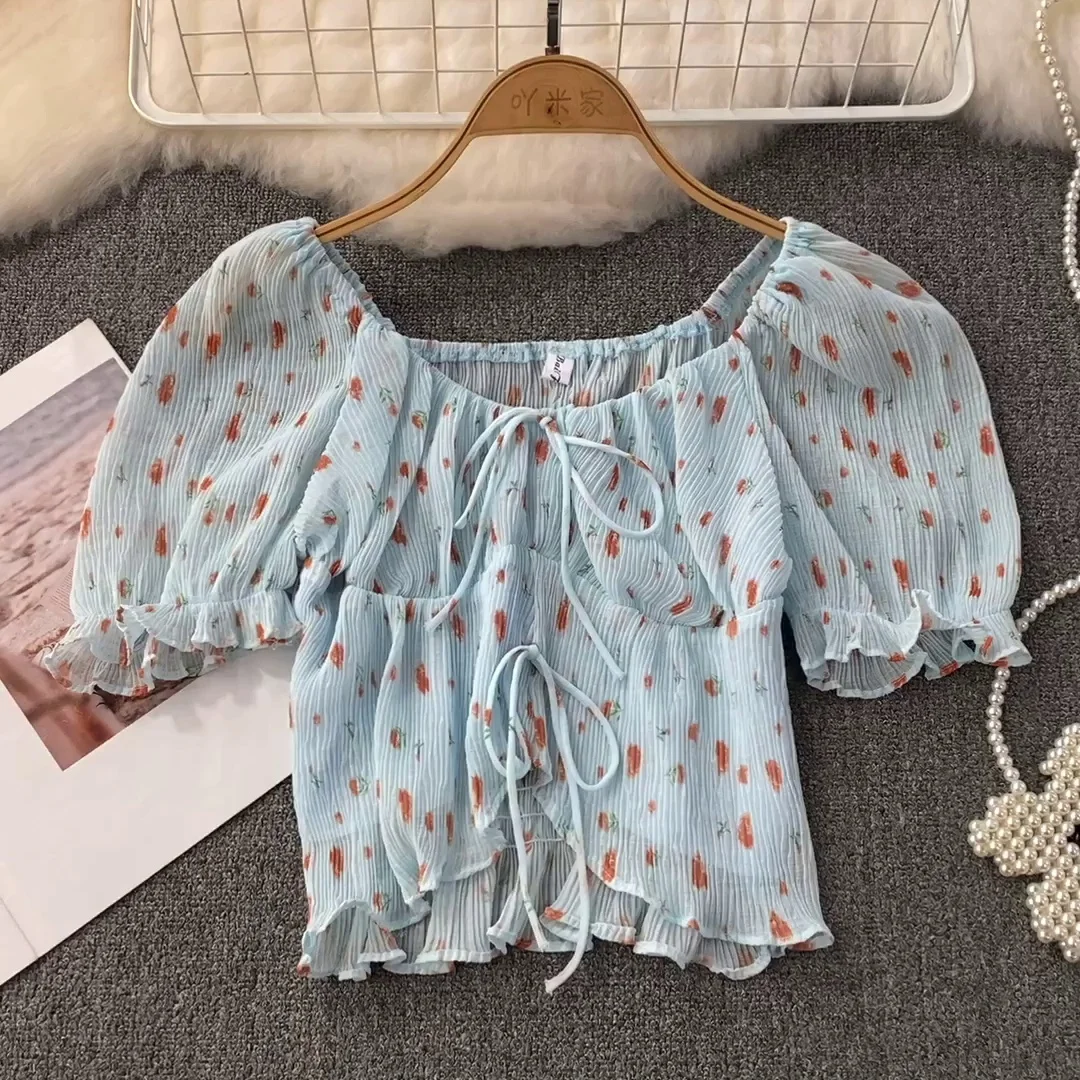 

Sexy Slash Neck Folds Floral Chiffon Shirts Women French Style Puff Sleeve Off Shoulder Women's Blouses Short Tops