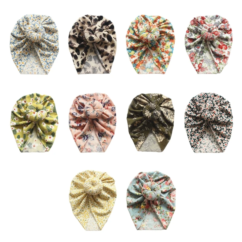 

Newborn Baby Toddler Turban Hat Knotted Bow Infant Beanie Cap Vintage Floral Leopard Print Kids Bonnet Headwrap