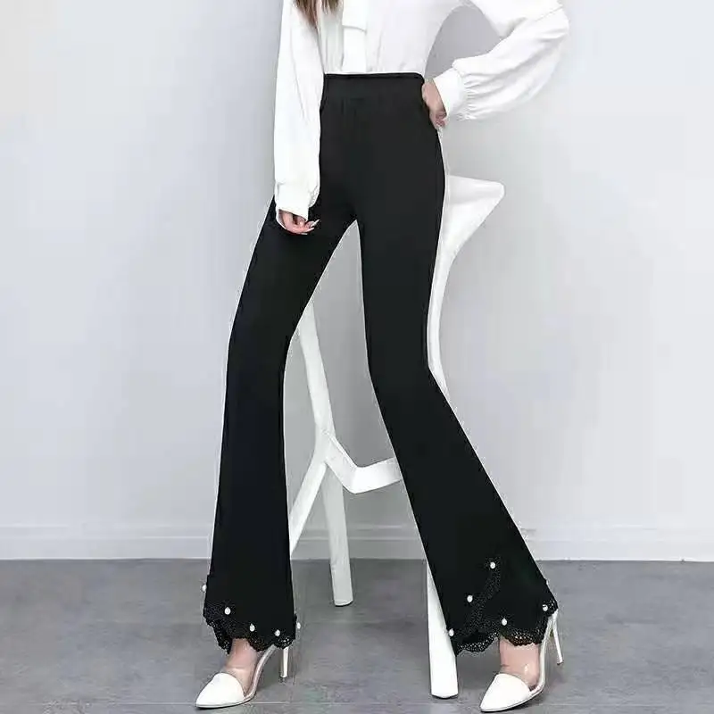 

2023 New Micro Flared Female High Waist Straight Work Pants Lace Embroidered Flares Trousers Womens Large Size S-4XL L24