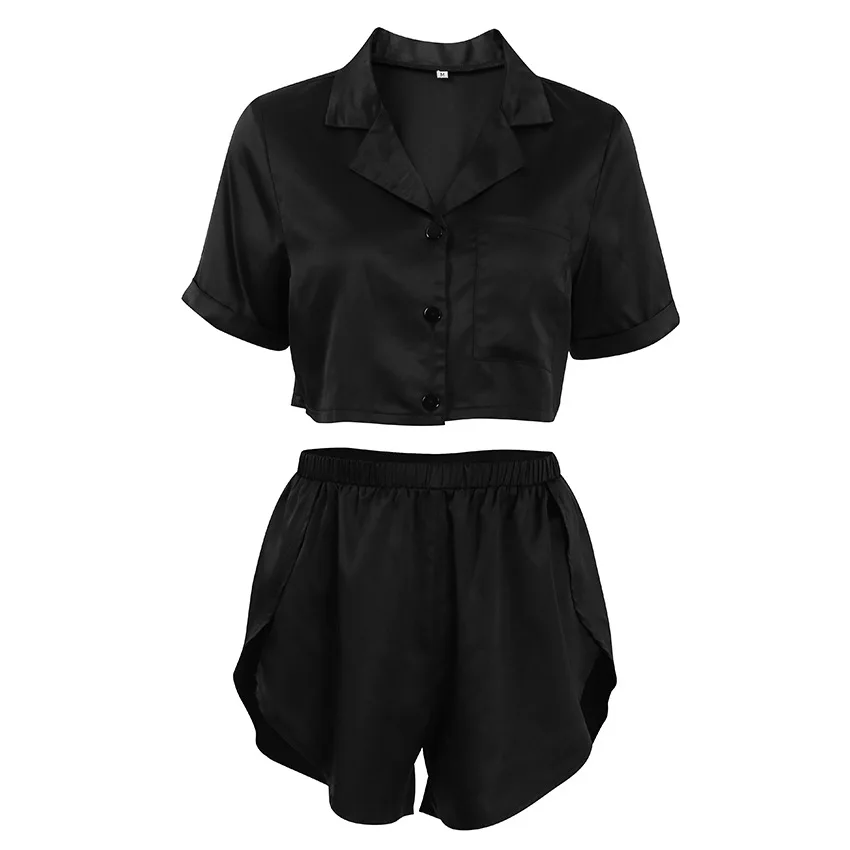 New Spring Summer Pajama Short-sleeved Shorts Ice Silk Two-piece Comfortable Home Wear Female Loose Fashion Black Women Pajamas