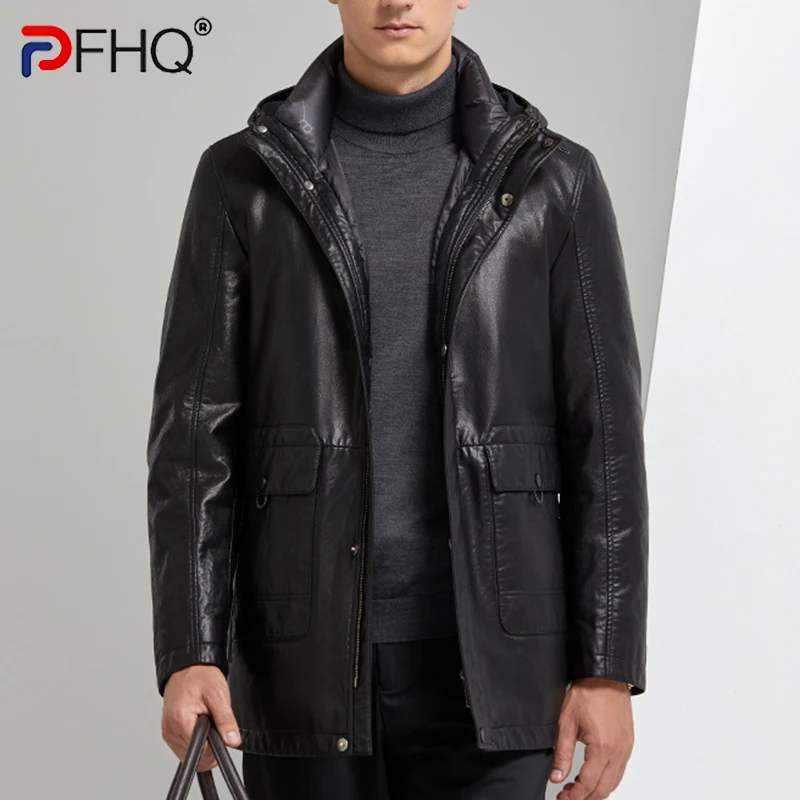 

PFHQ 2023 Winter Men's Trendy Faux Leather Down Jacket Thicken Fashion Padded Warm Pu Luxury Coat Detachable Liner Elegant Parka