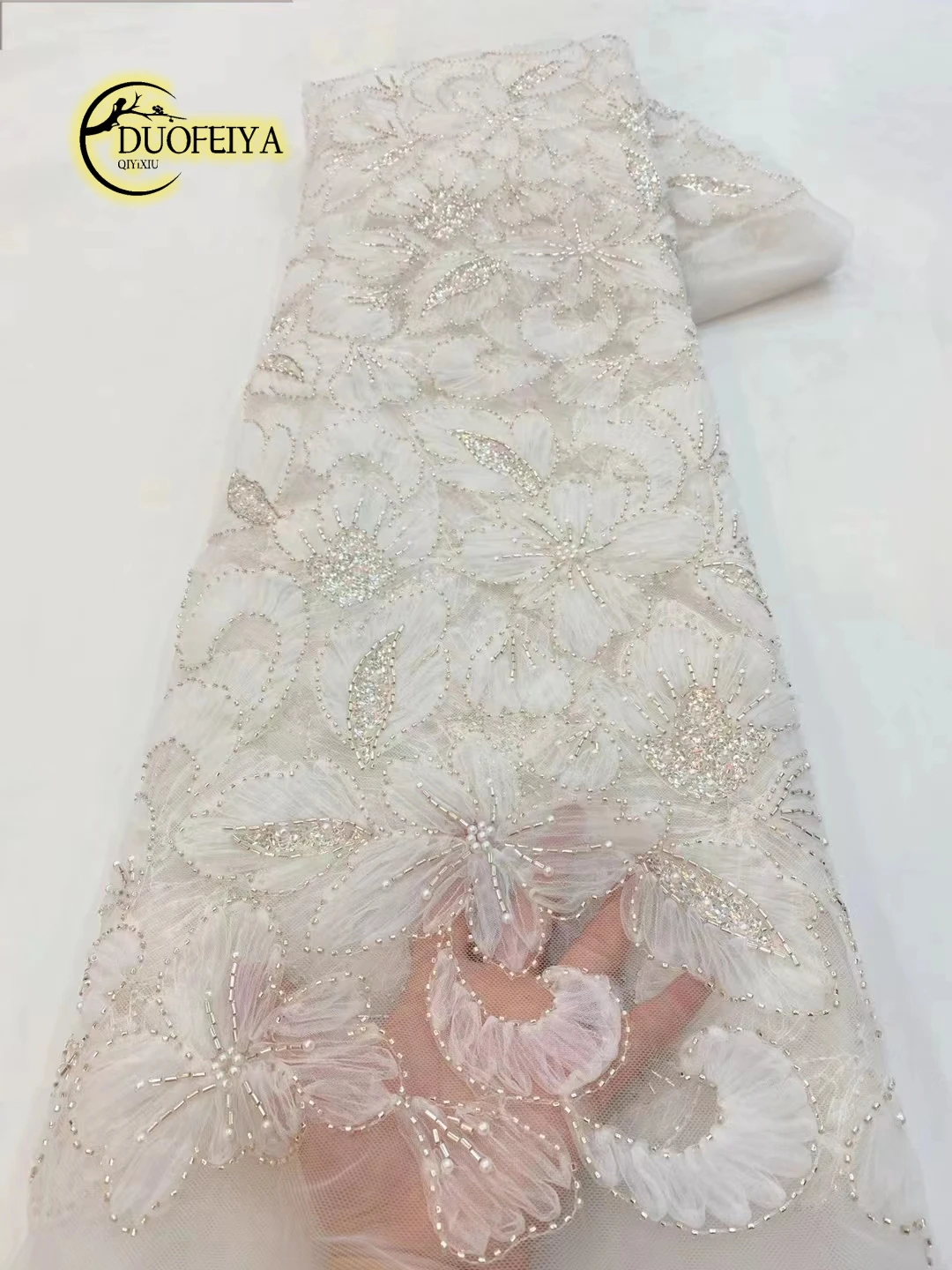 

White African Lace Fabric 5 Yards 2023 High Quality Sequin Nigerian Wedding Asoebi Lace Material Luxury Fabrics For Dress