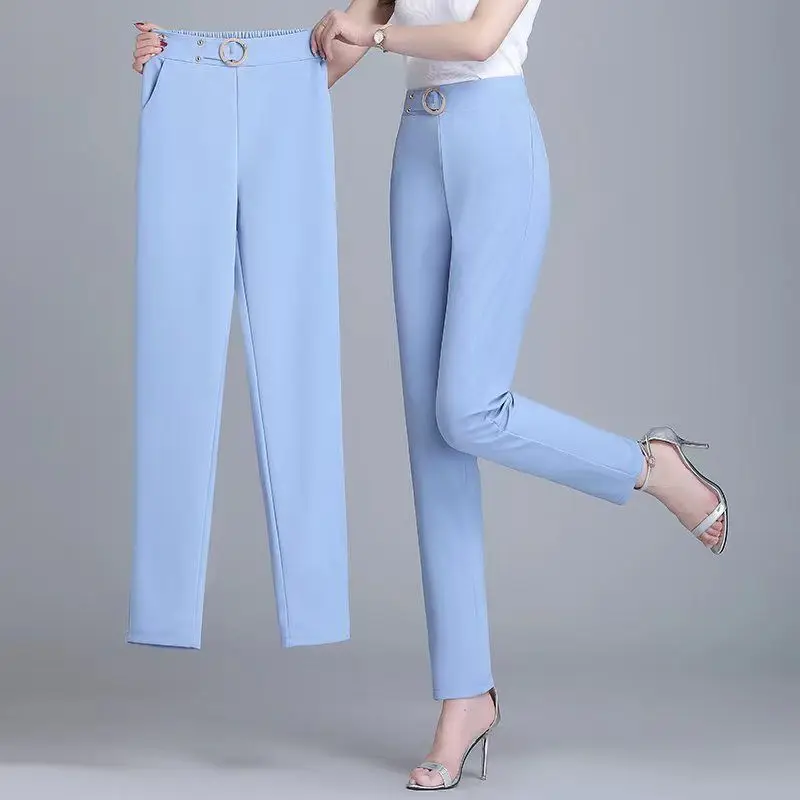 Casual White Office Lady Elegant Solid Straight Pants Spring Autumn Women Pockets High Waist S-4XL Korean Female Pencil Trousers
