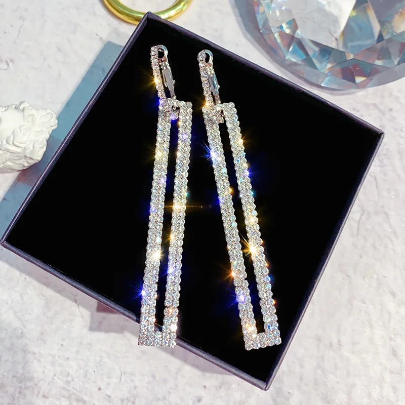 

Fashion Long Geometric Drop Earrings Luxury Gold Silver Color Rectangle Rhinestone Earring for Women Party Jewelry Gift
