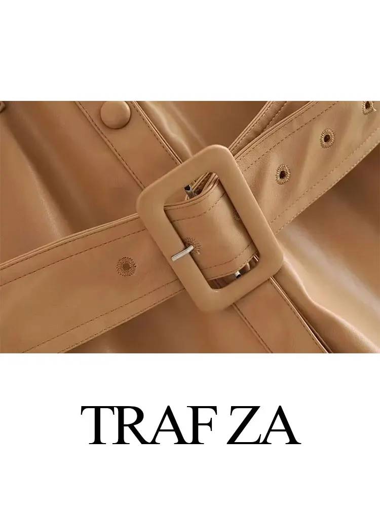 TRAF ZA Autumn Women's Pu Faux Leather Jacket Solid Vintage Button Belt Slim Coat Casual Fashion Female Fleece Warm Outerwear