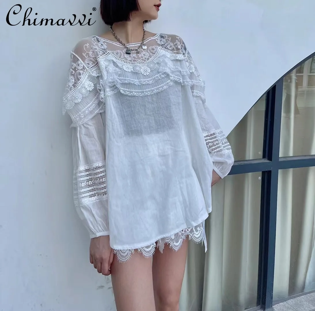 

European Style 2022 Summer New Fashion Linen Pullover Long Sleeve Shirt Loose Slimming Simple Graceful Stitching Lace Blouse