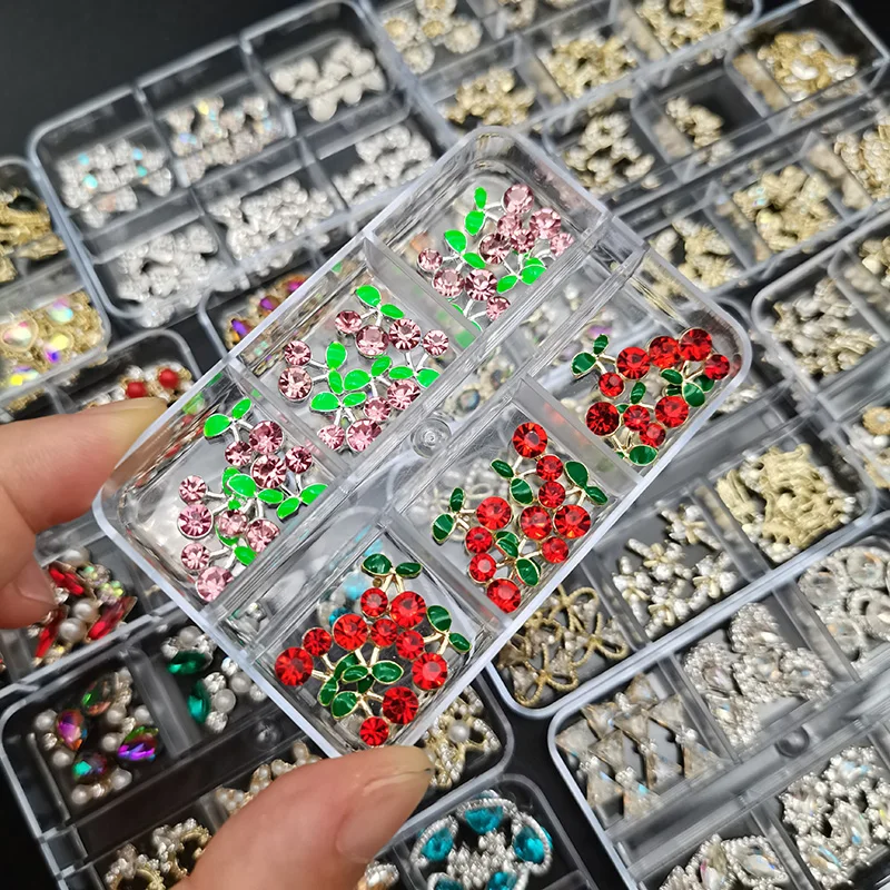 

1Box Nail Art Rhinestones Gems Decorations 3D Metal Alloy Cherry Heart Nail Charms Diamonds Luxury Jewelry Nail Art Parts Supply