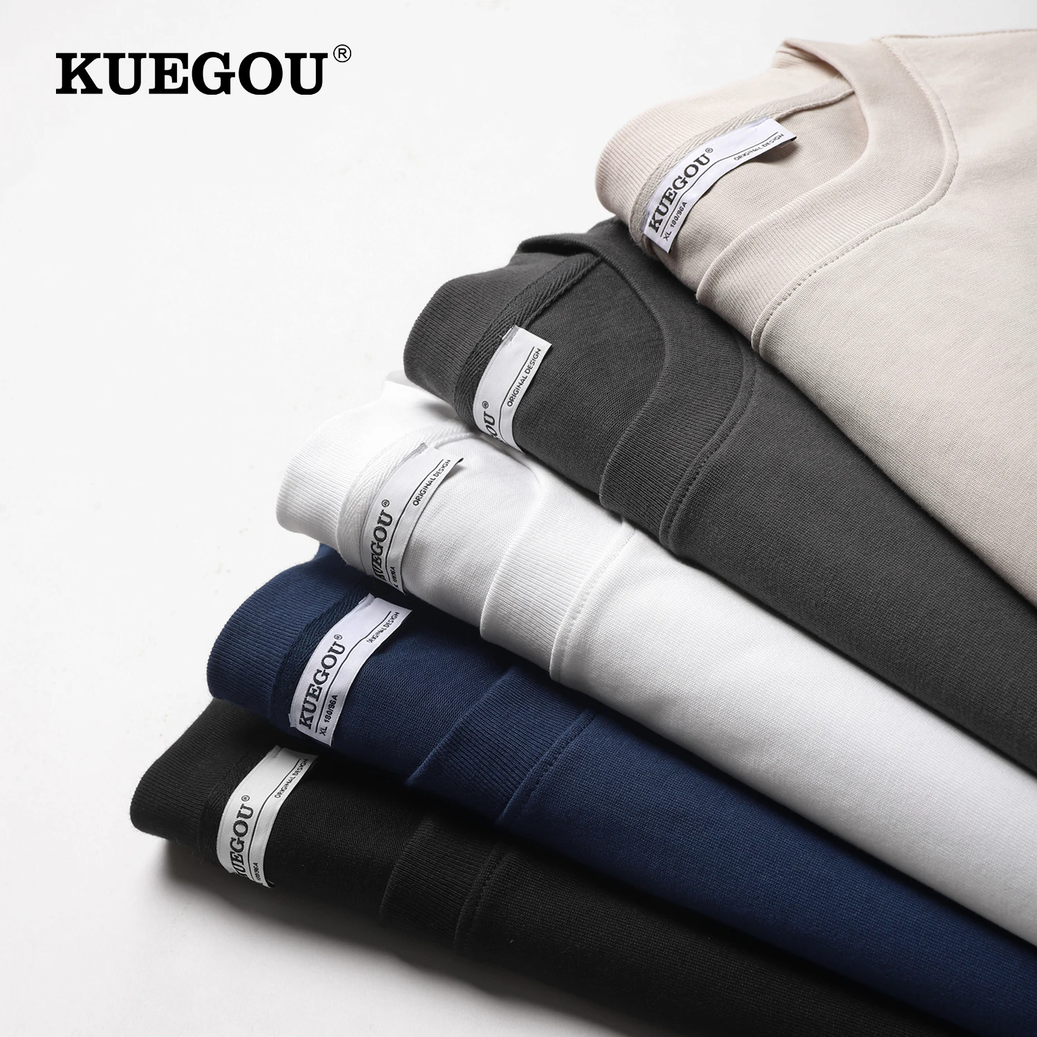 

KUEGOU 2022 Autumn New Men Heavyweight T-shirt Long Sleeve 100% Cotton 300g/㎡ Fabric Thick Basic Tshir Quality Solid Color 55057