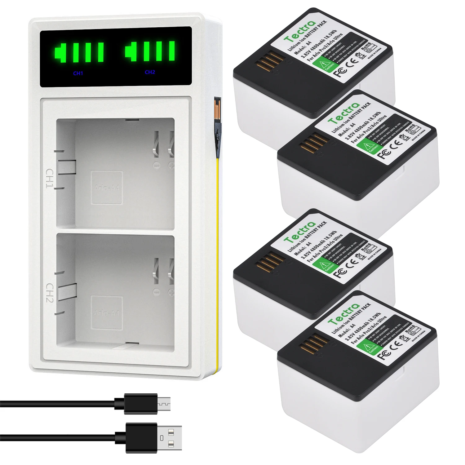 

Tectra 4800mAh A4 Rechargeable Li-ion Battery+LED USB Dual Charger for Arlo Pro 3and Arlo Ultra