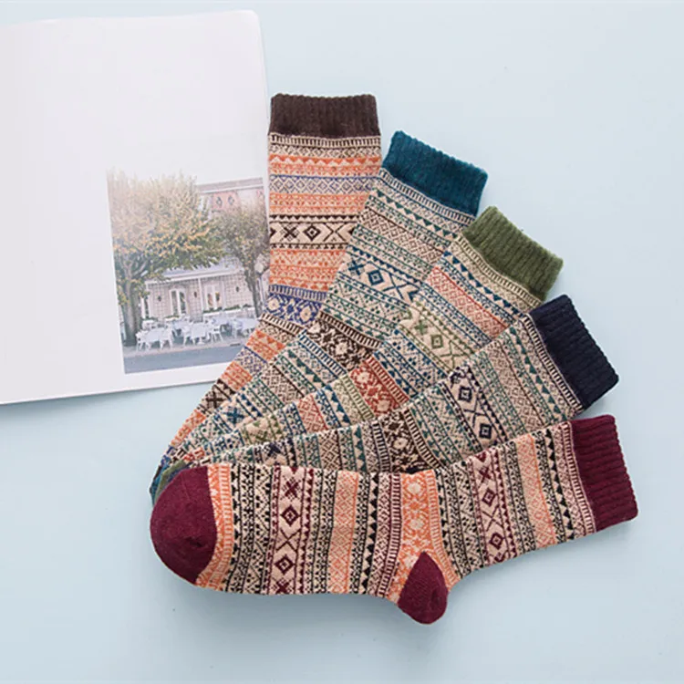 5 Pairs Lot Men Socks  Customized Winter Retro Wool Thickened Warm National Style Folk-custom Christmas Gift Plus Size(6.5-13)