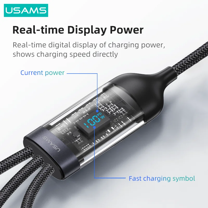 USAMS U83 100W 3 In 1 Digital Display Cable PD QC Fast Charge Type C Cable For iPhone 14 Pro Max 13 12 11 Xiaomi Huawei Samsung