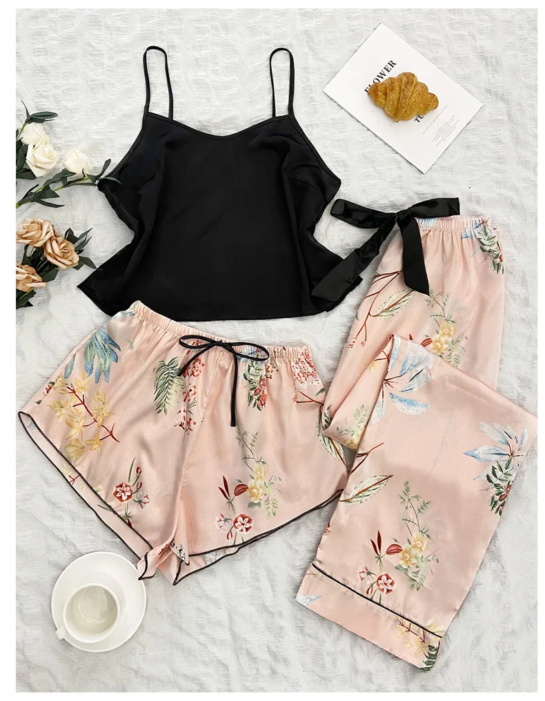 New Sleepwear Women's Soft Ice Silk Sexy Strap Pants Set Elegant Fashion Satin Print Pajamas Home Wear Casual Home Shorts Set