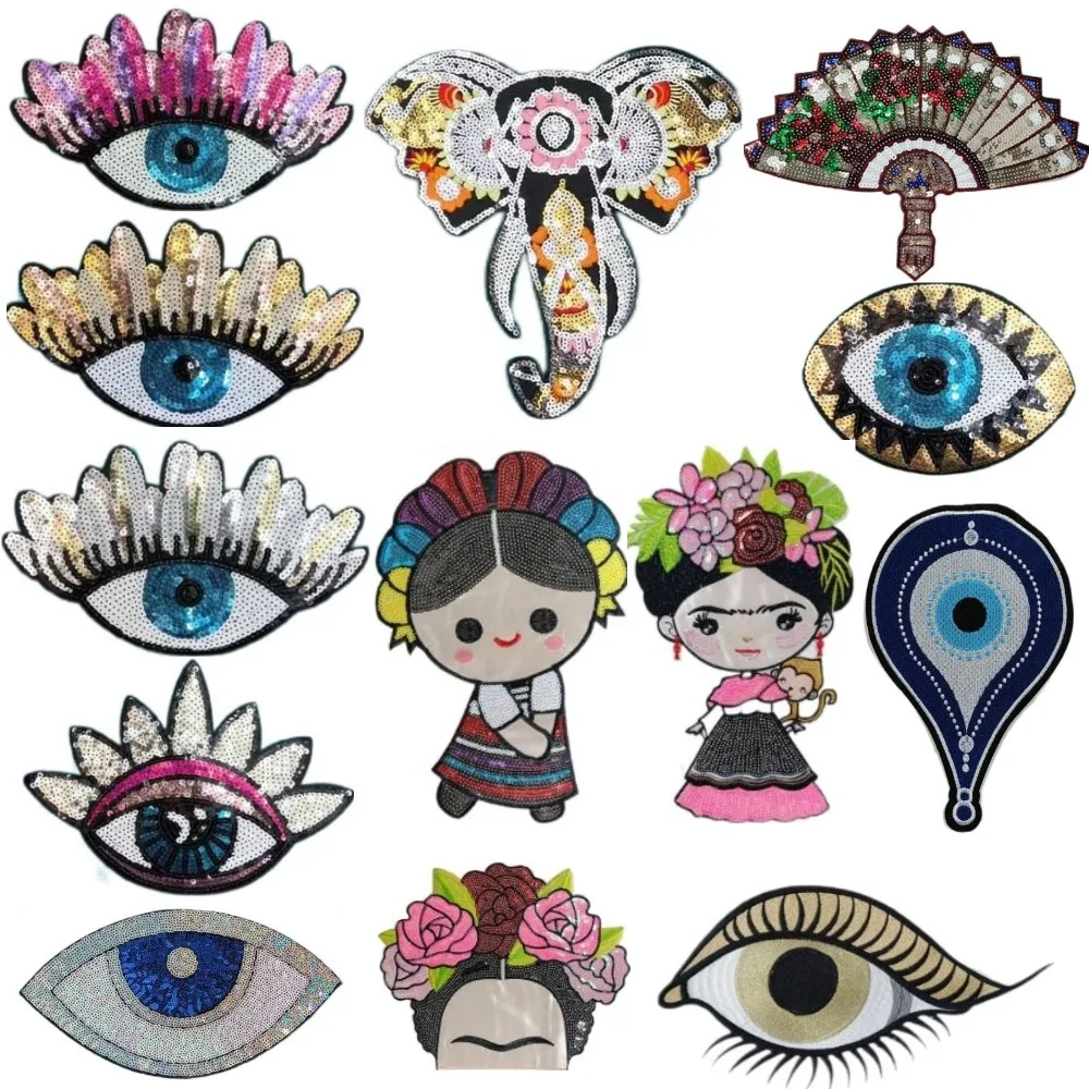 

Mexican Cartoon Character Sequin Patches and Appliques Eyes Fan Bead Badge Applique Thermo Adhesive Sticker Iron-on Patches
