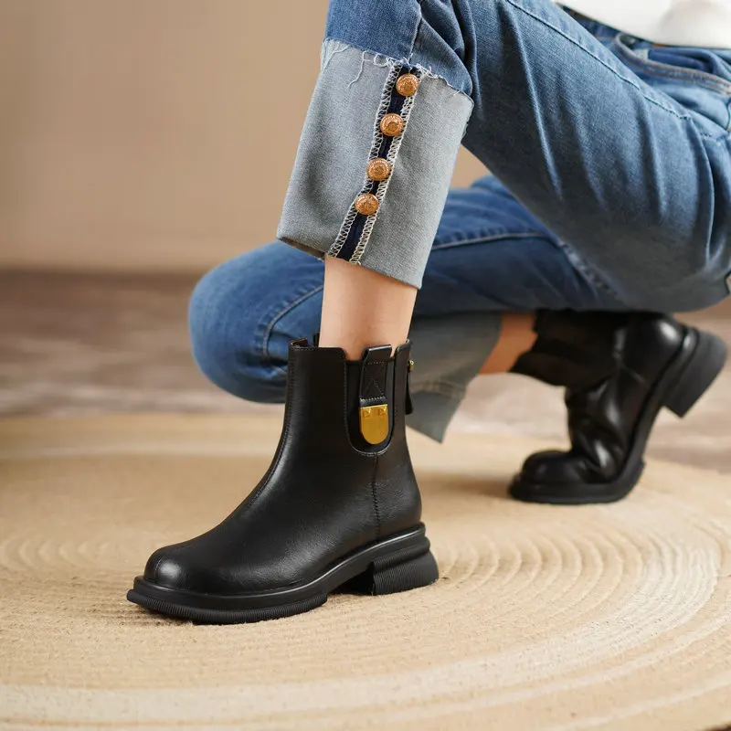 

Autumn Winter Women Ankle Boots Thick Heeled Zipper Genuine Leather Shoes Woman Outdoor Casual Neutral Motorcycle Boots