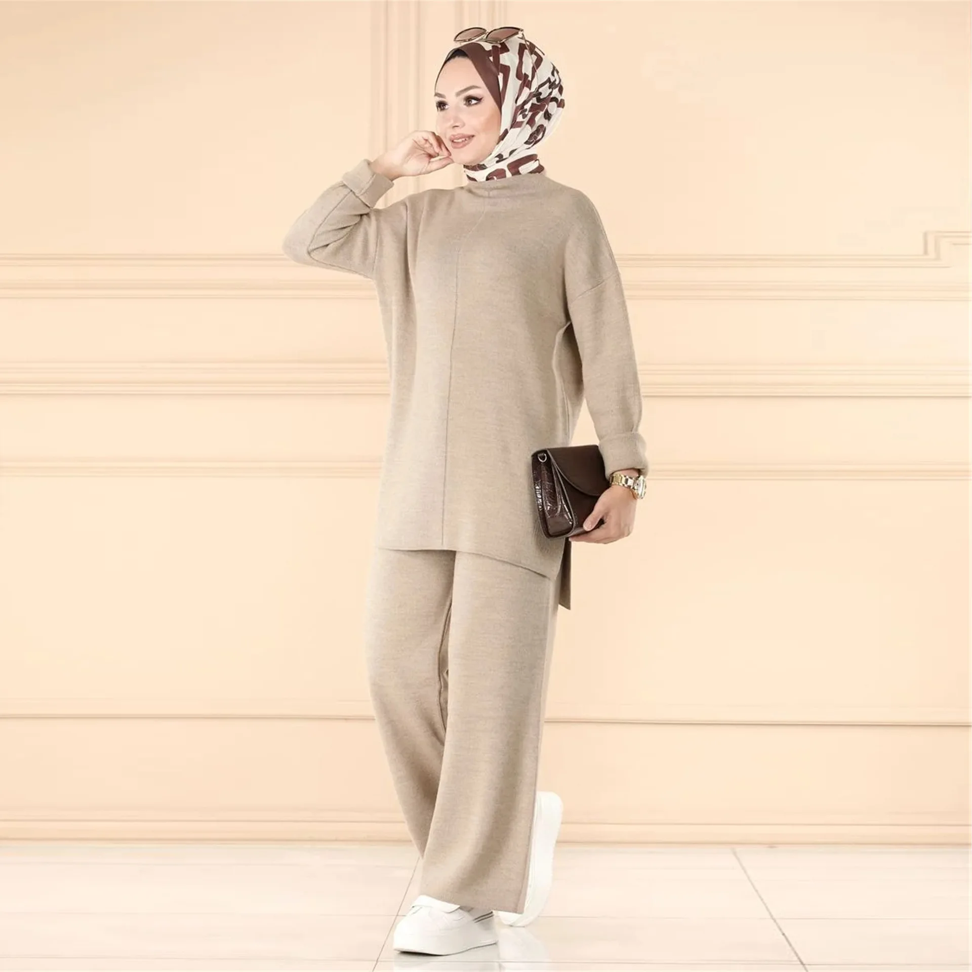 Clothing for Women Khimar Abaya Dubai Muslimis Sets  Women's Middle East Casual Woolen Wide-leg Trousers Set Islamic