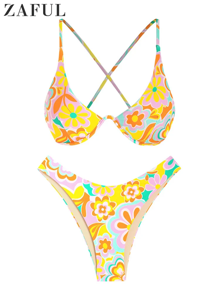 

ZAFUL Women Printed Floral Flower Swimsuit Back Tie Criss Cross Underwire Monowire Top Two Piece Cheeky Bikini Set Bathing Suit