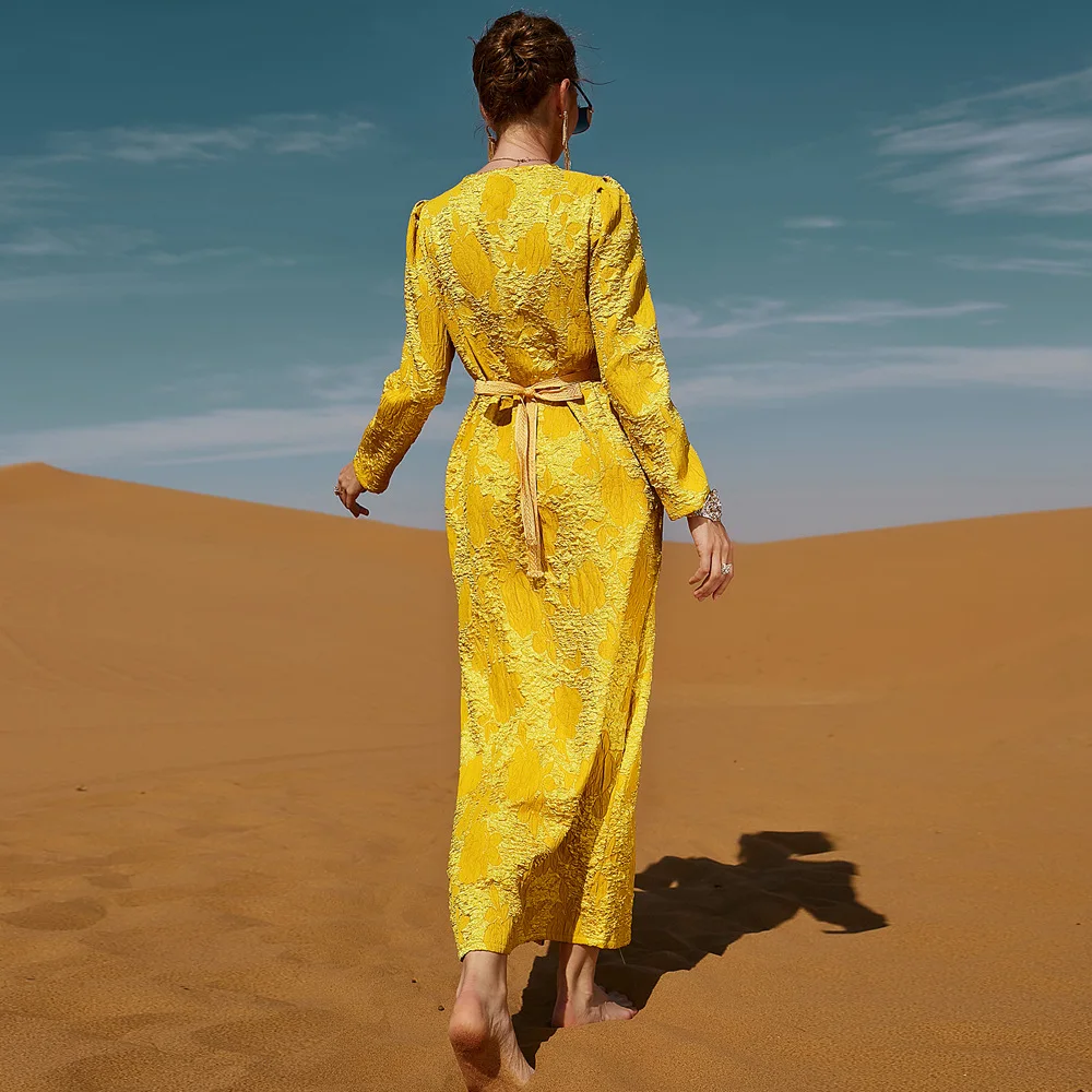 Solid Yellow Women Dress Muslim Abaya Dubai Kaftan Islamic Clothing Evening Party Gown Caftan Marocain Djellaba Eid Ramadan