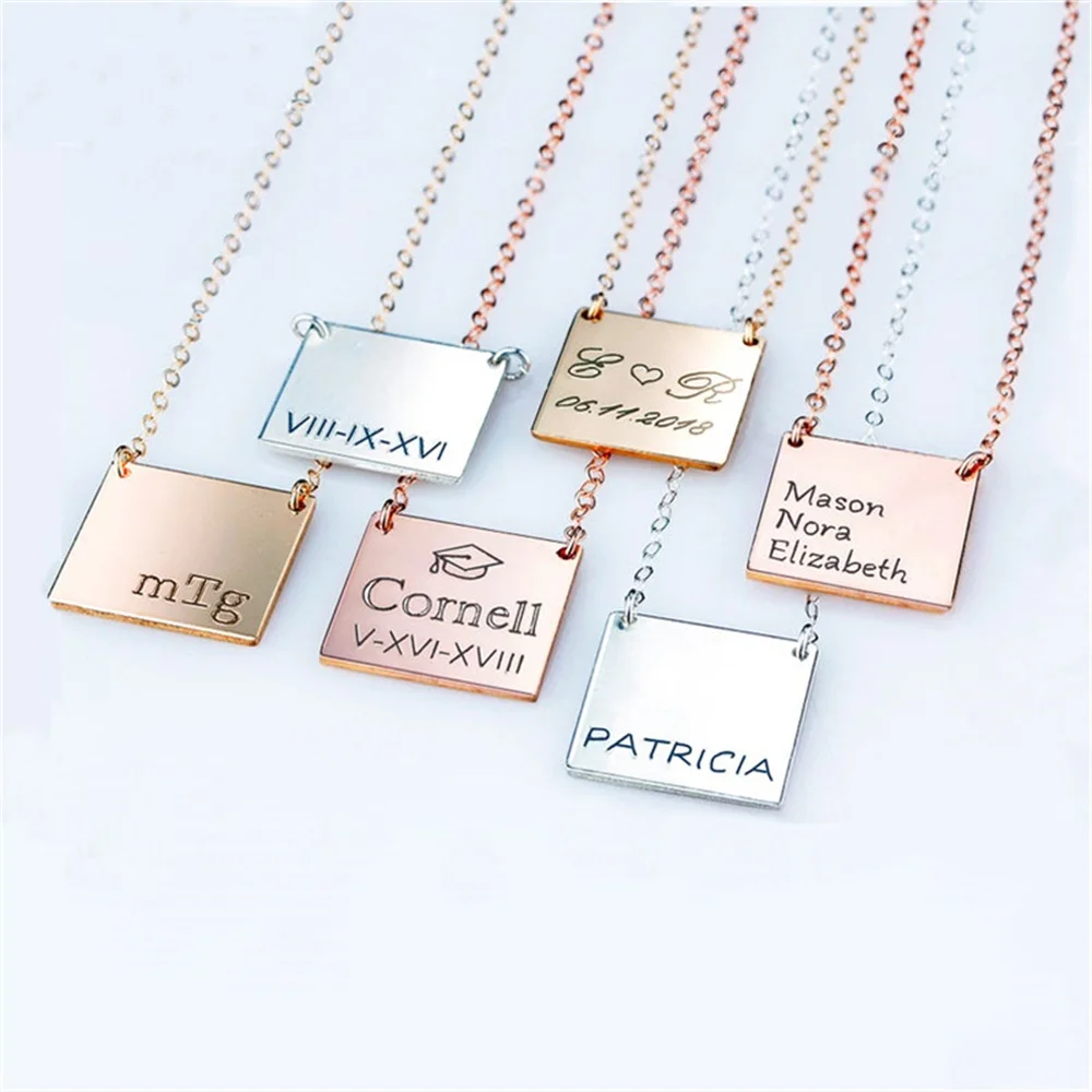 Women's Sterling Silver Name Necklace Square Plate Pendant Stainless Steel Personalized Necklace With Custom Engraved Gift