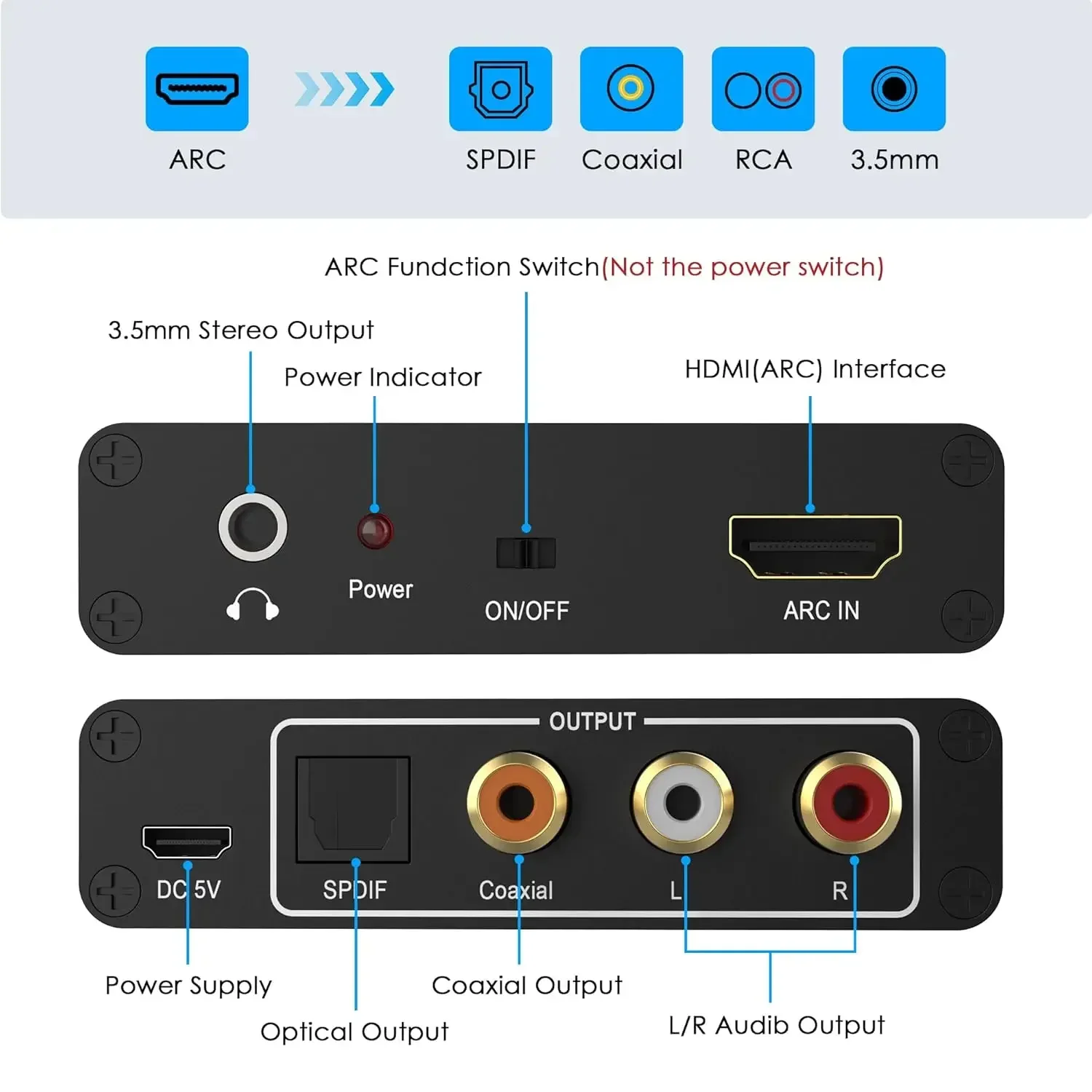 Фото Аудиоконвертер HDMI ARC 192 кГц: HDMI ARC в SPDIF коаксиальный L/R стерео, RCA 3,5 мм стерео аудиоадаптер для ТВ, саундбара, колонок №2