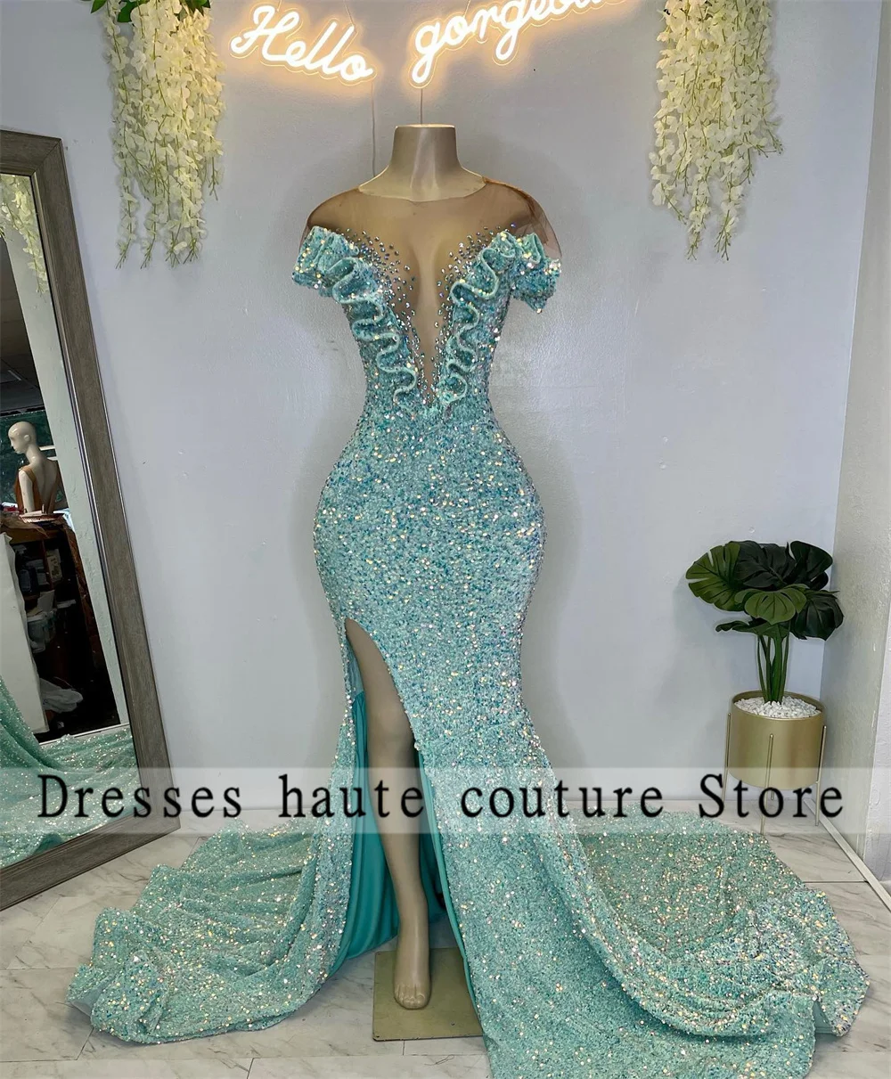 

New Arrival Lllusion Sequins Mermaid Prom Dresses Velvet Pleat Side Slit Sleeveless Formal Wedding Party Gowns