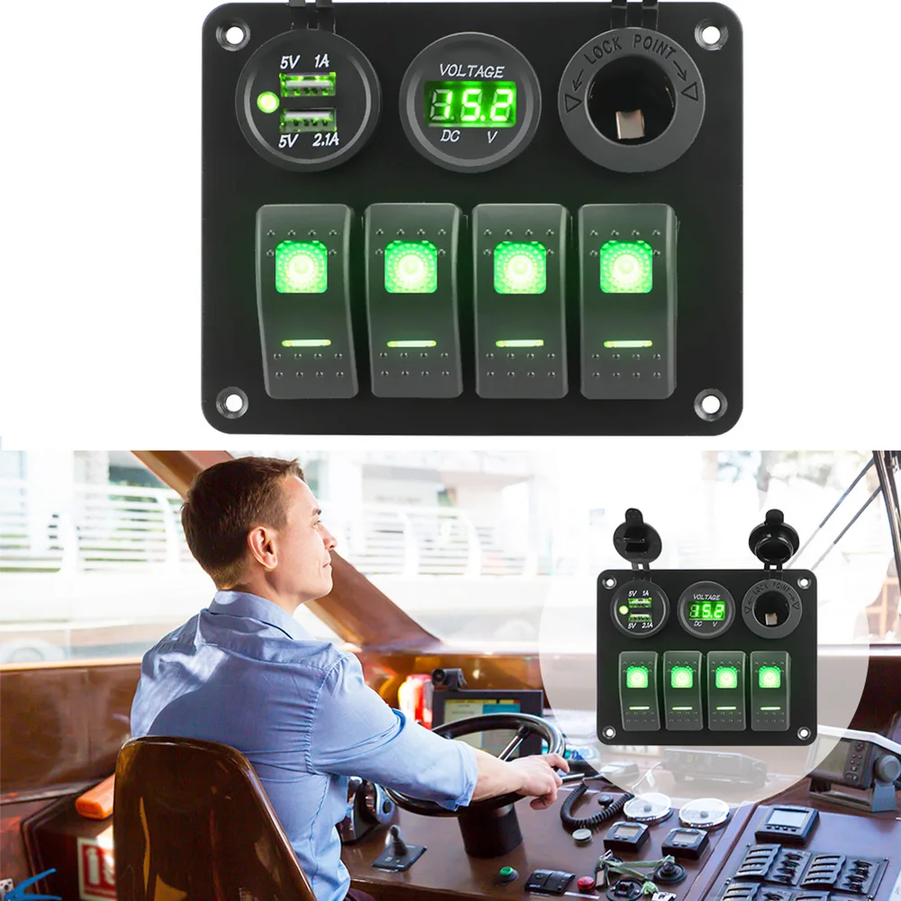

4 Gang 12V/24V LED Rocker Switch Panel Dual USB Port Circuit Breaker Waterproof Digital Voltmeter for Auto RV Camper Caravans