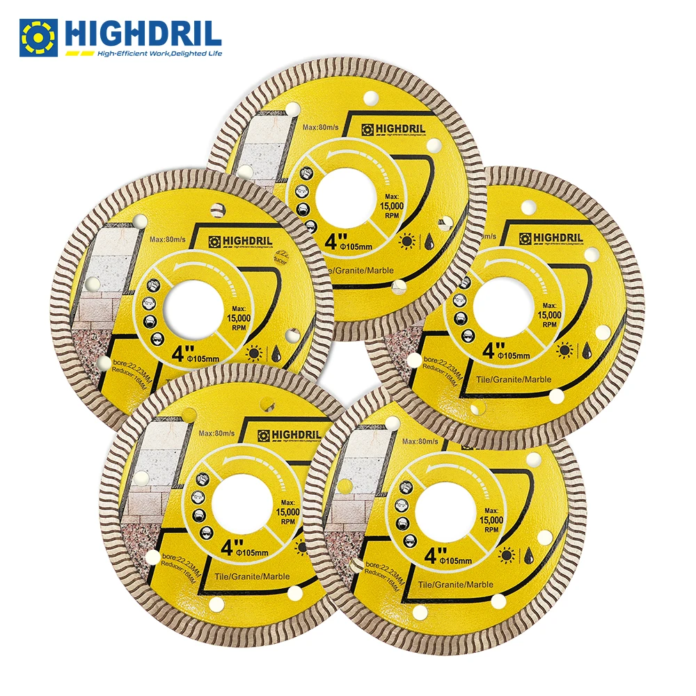 

HIGHDRIL 5pcs Diamond S Ripple Saw Blade Cutting Disc For Ceramic Stone Tile Granite Marble Dia105mm Angle Grinder Cutting Disc