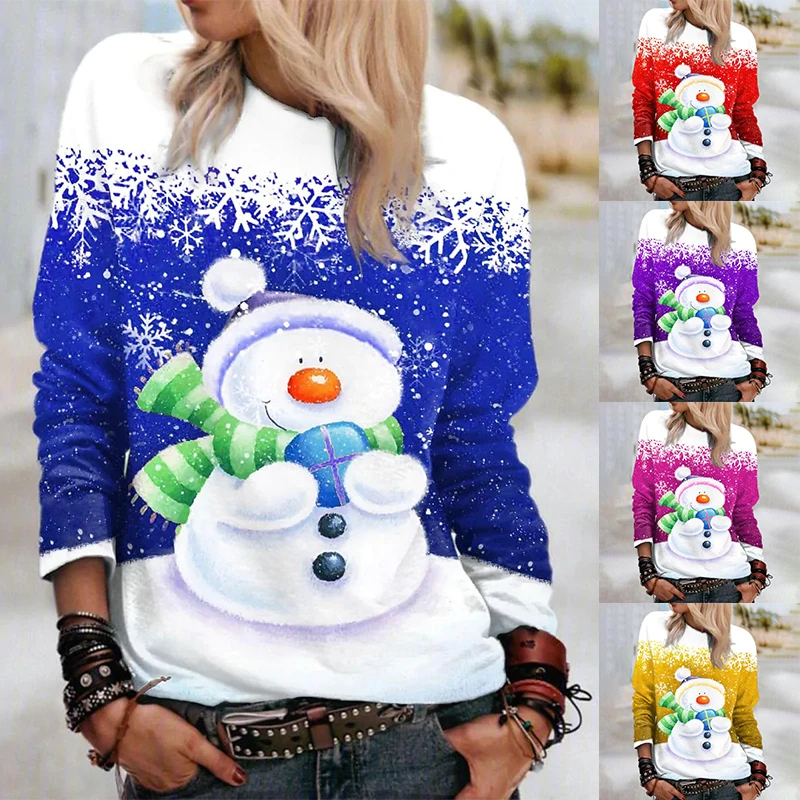

Autumn Winter Everyday Snowman Printing Long Sleeve Round Collar Pullover Women Tops Retro T-shirt Fashion Christmas Sweater
