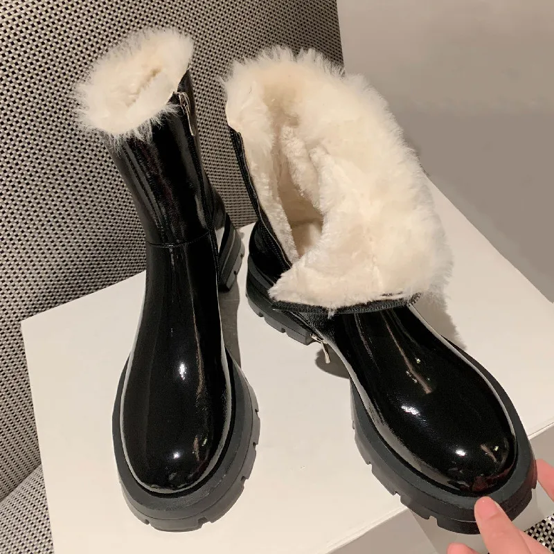 

Dilalula зимние теплые шерстяные женские ботильоны для снежной погоды из натуральной кожи на толстом каблуке и платформе женская уличная Рабочая обувь