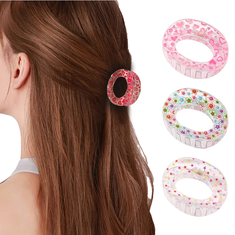 

Fashion 2022 Hearts Flowers Print Hair Claw Clip Women Plastic Ellipse Geometric Crab Hair Clip Headwear Girl Hair Accessories