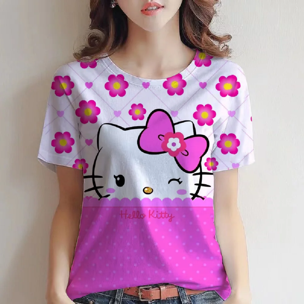 

Spring Fashion Women's T Shirt Hello Kitty 3D Print Cotton Long Sleeve Top V Neck Harajuku Casual Women's Clothing Oversized Tee