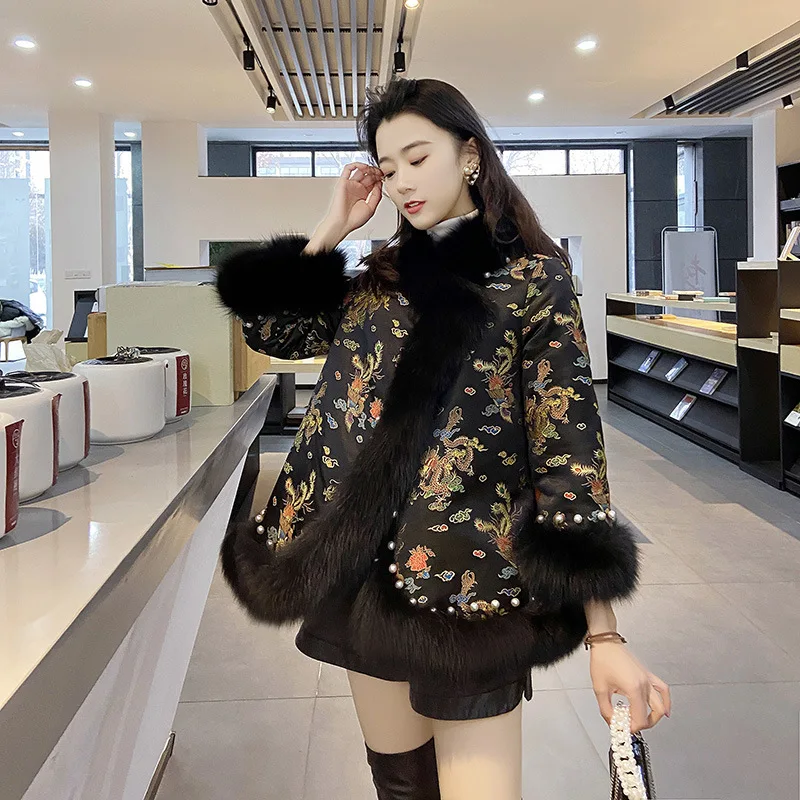 Chinese style beaded Tang style cape coat winter
