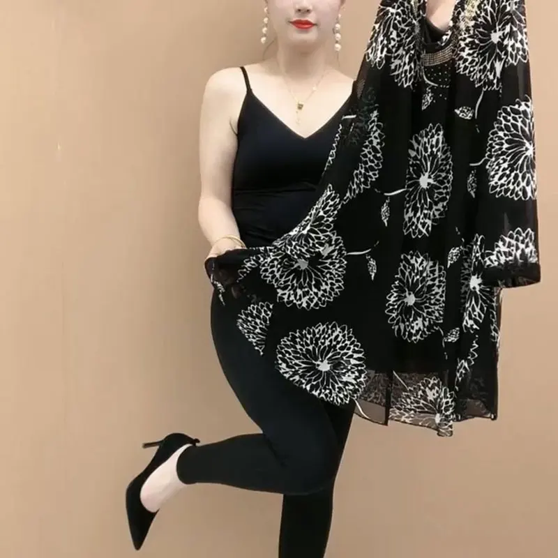 Женская блузка со стразами Повседневная Свободная с круглым вырезом рукавом 2023