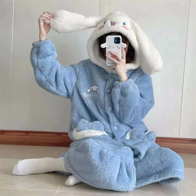 

Sanrio Kawaii Cinnamoroll Long-style Coral Velvet Nightgown Anime Cartoon Warm Autumn Winter Thick and Solid Home Clothing Girl