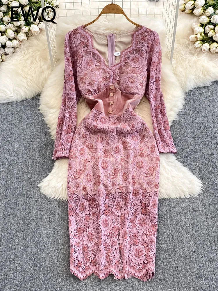 

EWQ Elegant Fashion Women's Dress Long-sleeve V-neck Lace Patchwork Solid Color High Waist Dresses Autumn Winter 2023 New SN4438
