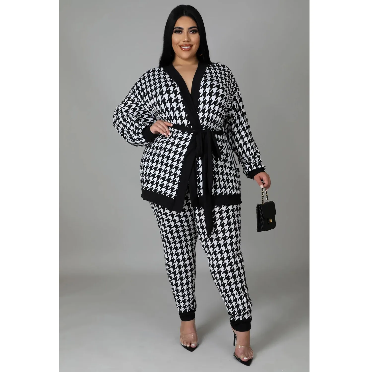 5XL Plus Size Houndstooth Print Lace Up Long Sleeve Pants Women's Black Casual Outfit Fall 2022 Oversized