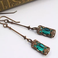 antique gold color carved hollow inlaid green crystal dangle earrings for women retro engagement party fashion jewelry