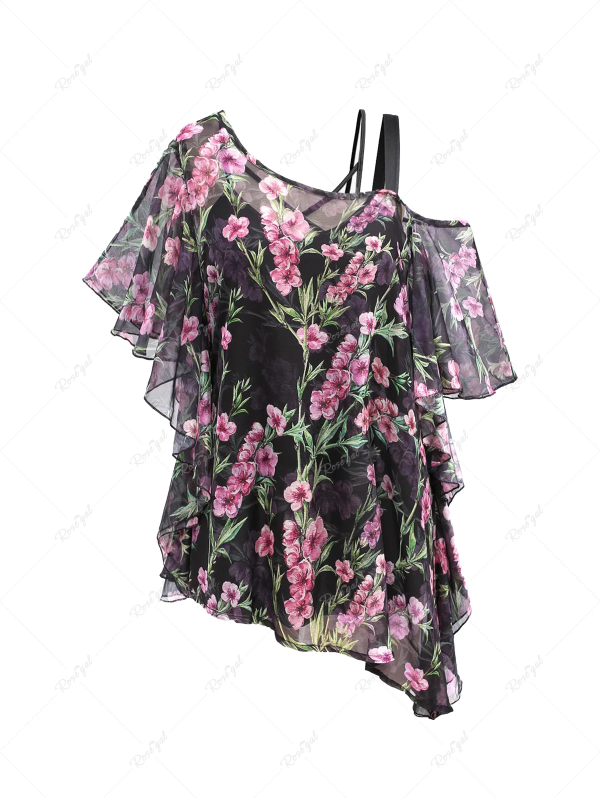 

ROSEGAL Plus Size Women's Tops Vest Two Piece Skew Collar Flower Print Chiffon Cold Shoulder T-shirt And Crisscross Cami Top 4XL