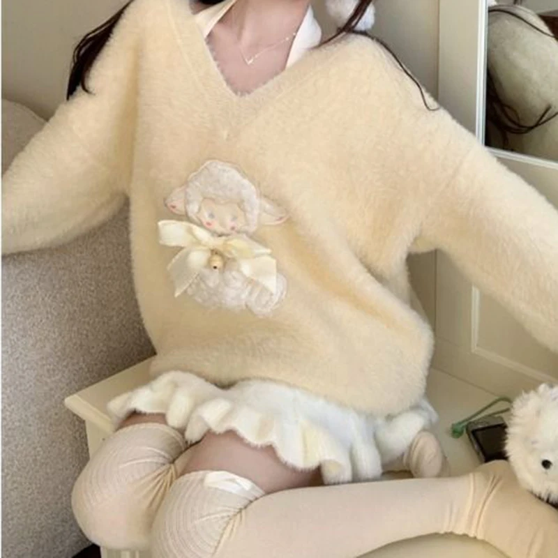 Мягкий восковой молочно-желтый свитер с v-образным вырезом и бантом новый зимний