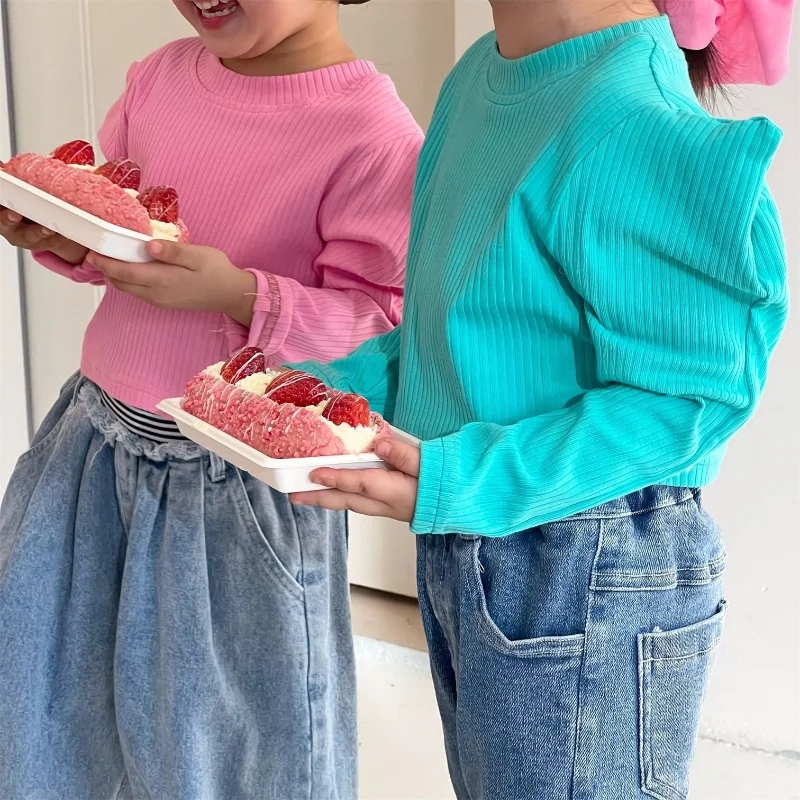 

2023 Spring Baby girls solid color puff sleeve T-shirts Kids short style blouses